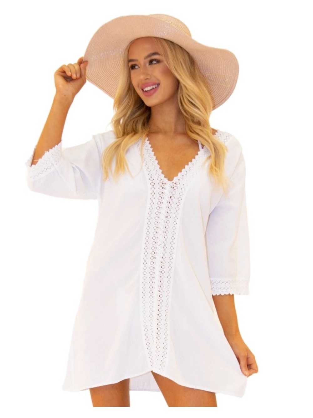 Seaspice White Crochet Trim Beach Cover Up Dress 100% Peruvian Cotton Size Large